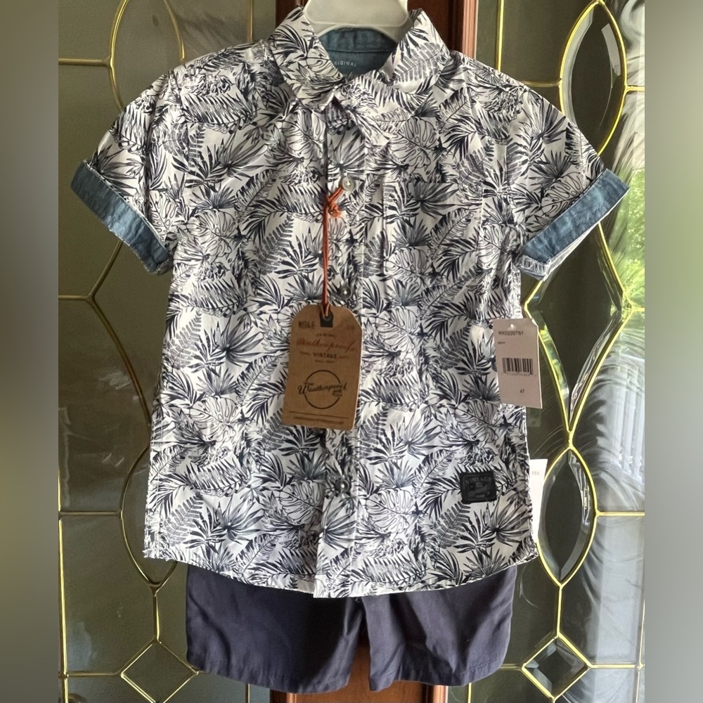 NWT Weatherproof Vintage Floral Button-down Shirt & Navy Blue Shorts Set Size 4T